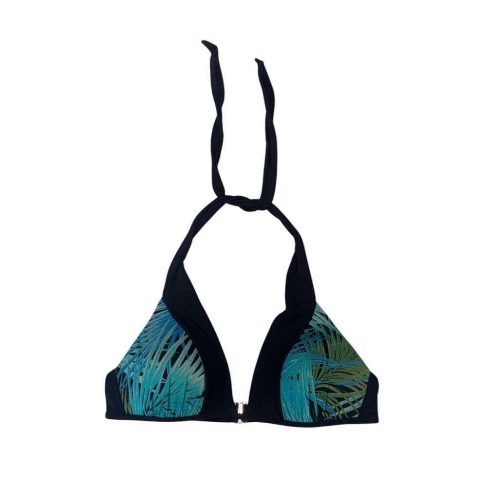 Black Halter Bikini Top with Teal Palm Print, L/XL